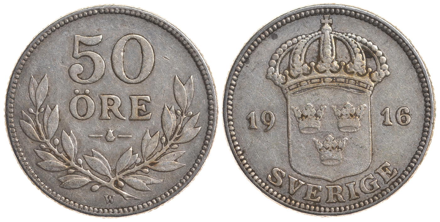 Швеция 50 эре 1916 W, Густав V (1907-1950) KM 788 серебро 4179-932