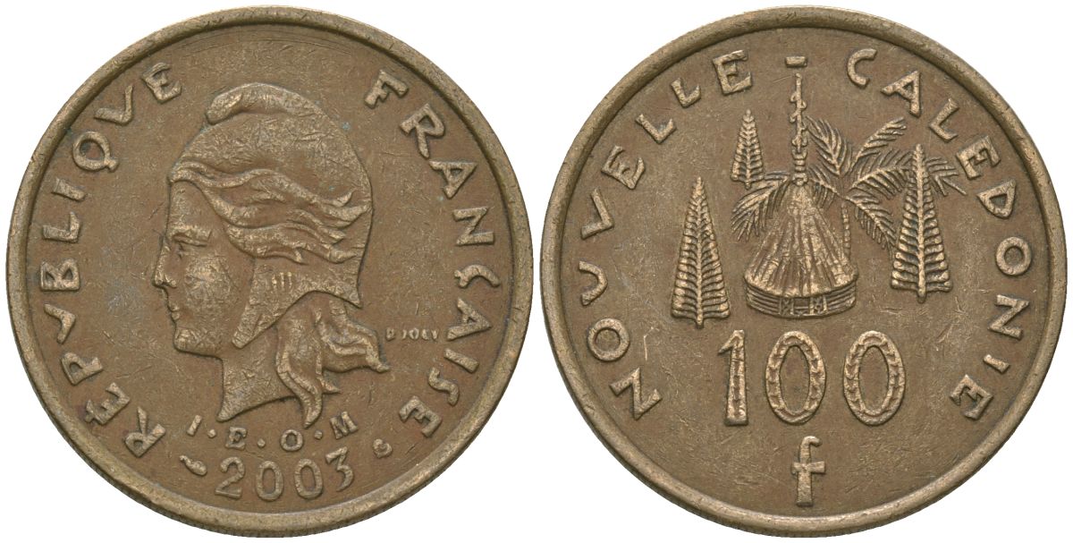 Французская Новая Каледония 100 франков 2003 хижина среди сосен и пальм, (IEOM) KM 15, Schoen 16, Lec 139g никель бронза 109-1031