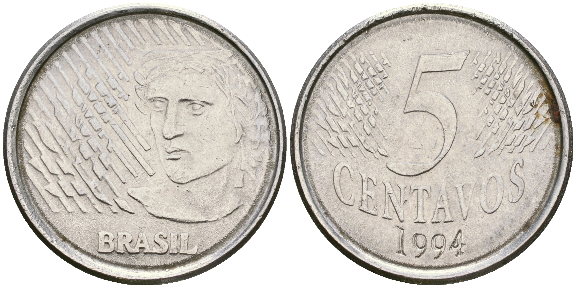 Бразилия 5 сентаво 1997 реформа 1994-, голова свободы влево KM 632 нержавеющая сталь 87-432