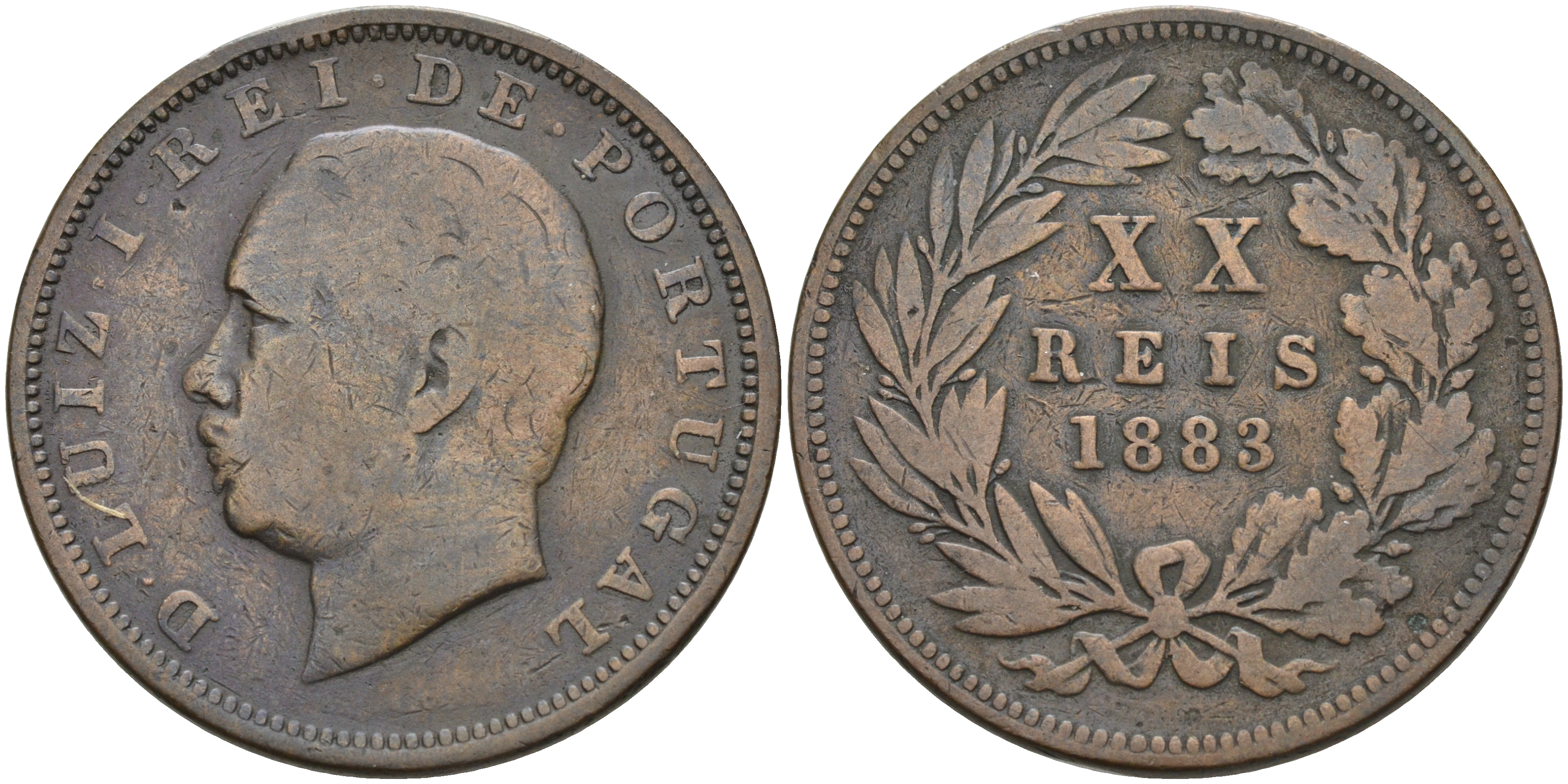 Португалия 20 рейсов 1883 Луиш (Людовик) I (1861-1889) KM 527 бронза 4565-133