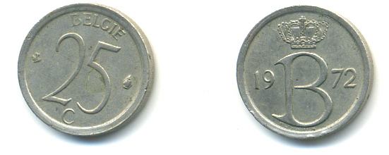 БЕЛЬГИЯ 25 САНТИМОВ 1972 BELGIE KM 154.1 медно-никель 86-1257