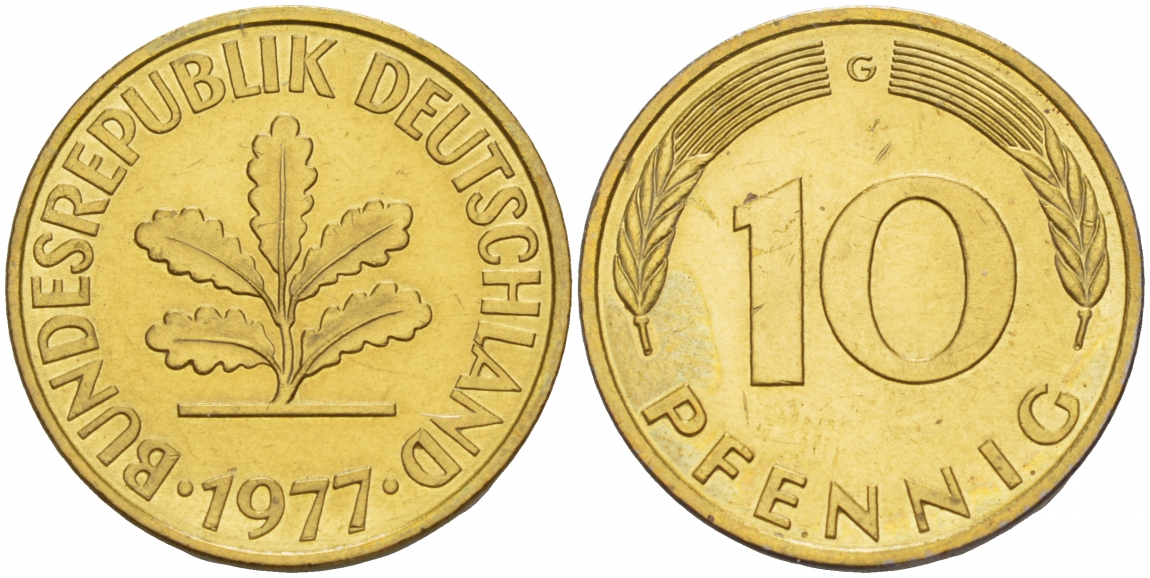 ФРГ 10 ПФЕННИГОВ 1977 G KM 108, J.383 сталь плакированная латунью 4544-1127