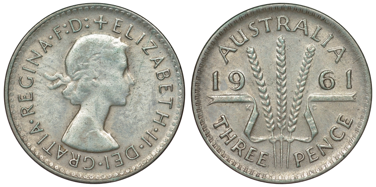 Австралия 3 пенса 1961 m, Елизавета II (1952-2022) KM 57 серебро 71-813