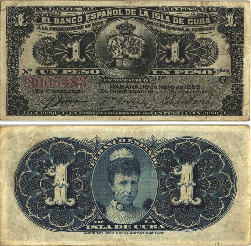 Куба 1 песо 1896 серия G, королева регент Мария Кристина, Испанский банк для Кубы Pick 47a  бумага   8614-18-3-2