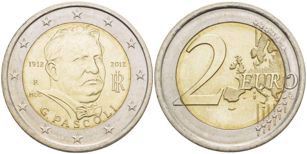 Италия 2 евро 2012 100 лет со дня смерти Джовани Пасколи KM 355 биметалл UNC 4514-957