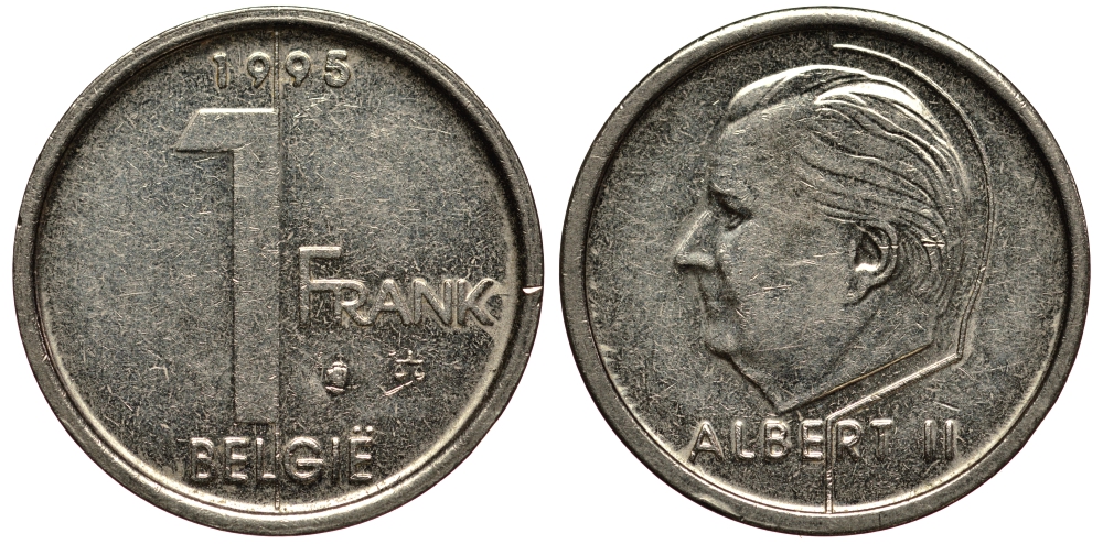 БЕЛЬГИЯ 1 ФРАНК 1995 АЛЬБЕРТ II KM 188 железо плакированное никелем VF 4181-328