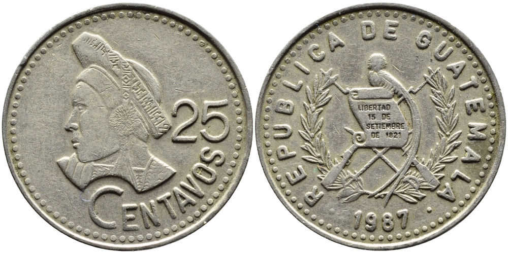 Гватемала 25 сентаво 1987 большая голова, Республика Гватемала KM 278.5 медно-никель 4389-414