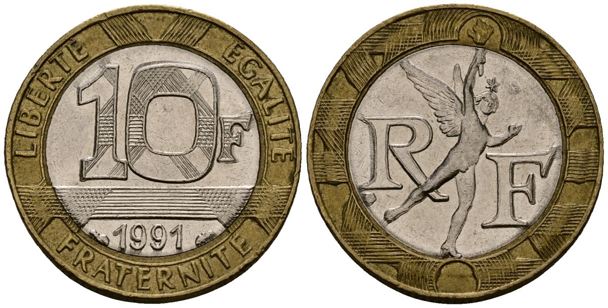 Франция 10 франков 1991 тип Гений Бастилии KM 964.1, Le Frank 375.6 биметалл 4138-336