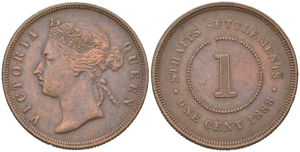 Стрейтс Сетлментс 1 цент 1888 Виктория (1837-1901), Ост-Индская компания KM 16 бронза 4616-257
