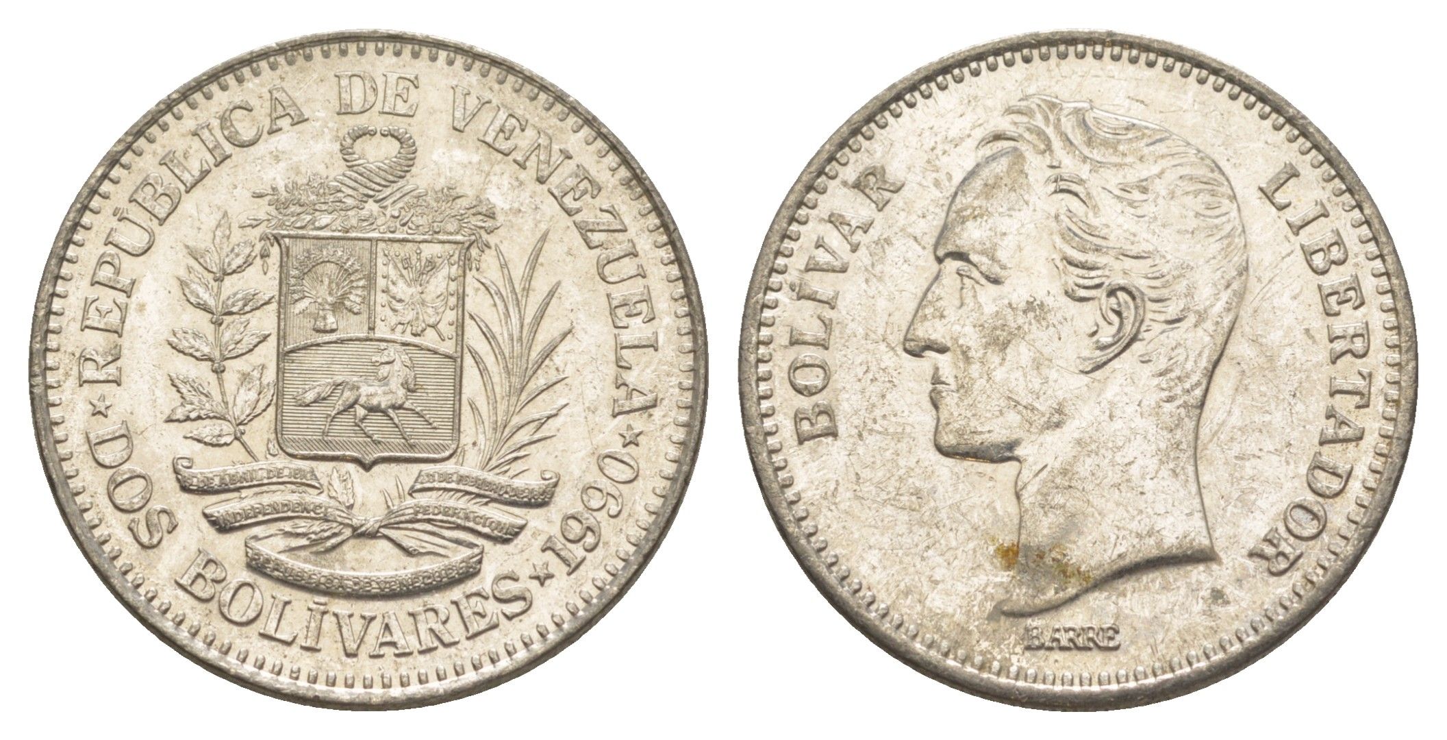Венесуэла 2 боливара 1990 Симон Боливар Y 43a сталь плакированная никелем 4583-423