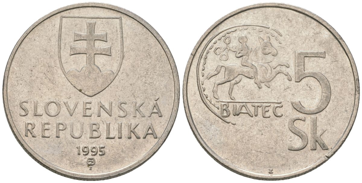 Словакия 5 крон 1995 MK KM 14 сталь плакировнная никелем 4584-155