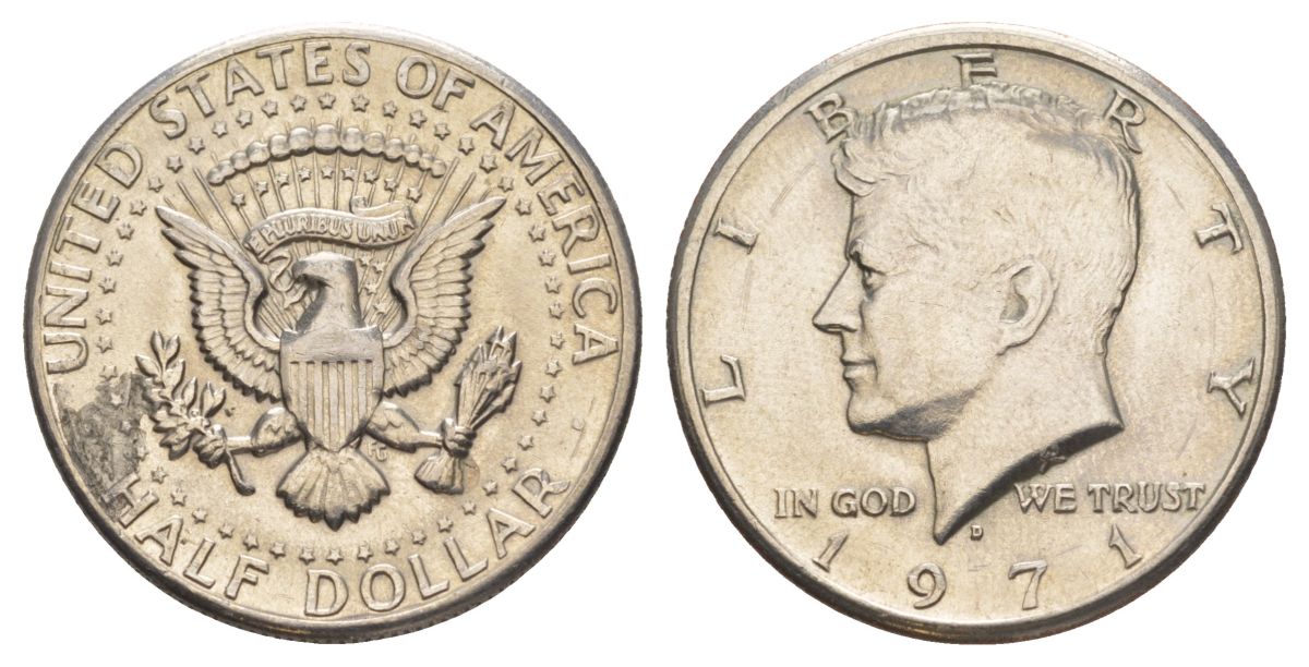 США 1/2 доллара (50 центов) 1971 D, Джон Кеннеди KM 202b медь плакированная медно-никелем aUNC 97-416