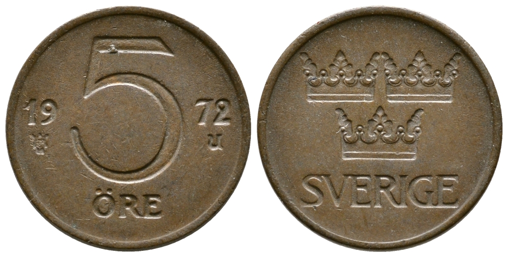 Швеция 5 эре 1972 U, Густав VI Адольф (1950-1973) первый год KM 845 бронза 3458-143