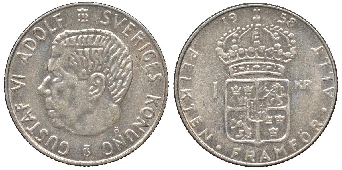 Швеция 1 крона 1958 TS, Густав VI Адольф (1950-1973) KM 826 серебро 4178-737
