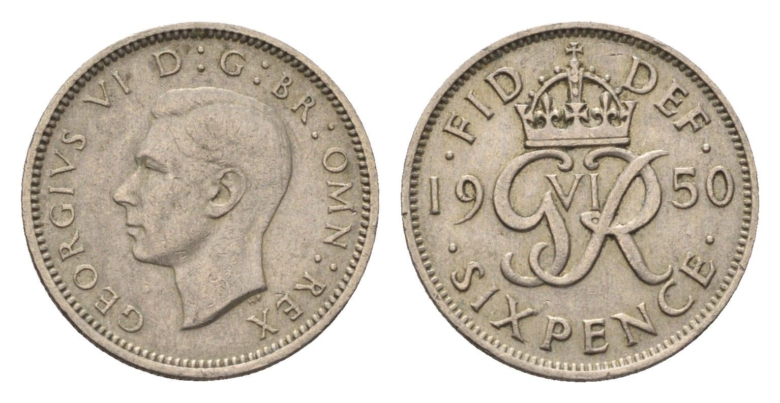 Великобритания 6 пенсов 1950 Георг VI (1936-1952) KM 875, Spink 4110 медно-никель 4696-816