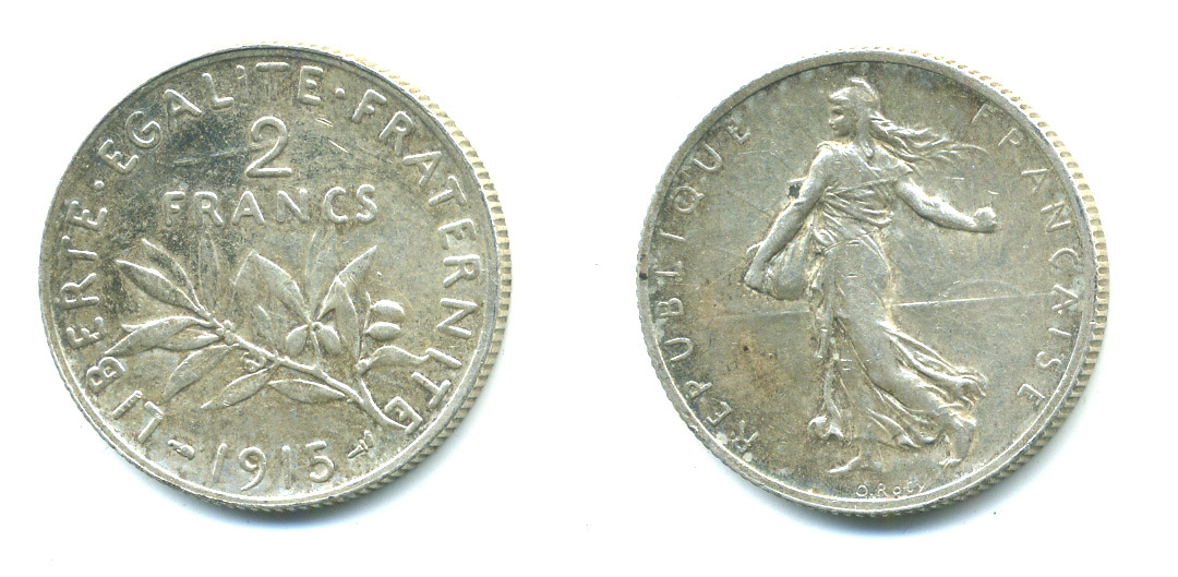 Франция 2 франка 1915 KM 845.1 серебро 00-00