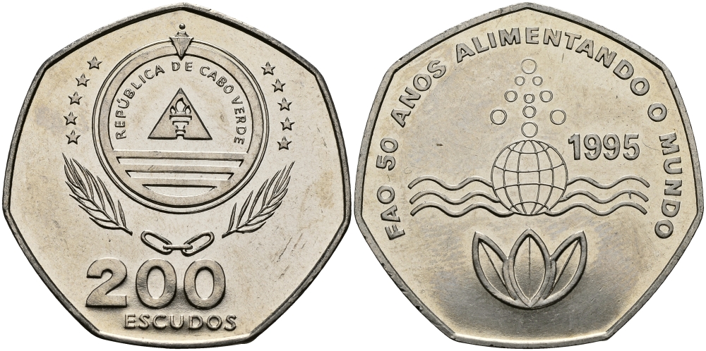 Кабо-Верде 200 эскудо 1995 50 лет FAO KM 34 медно-никель UNC 3333-913