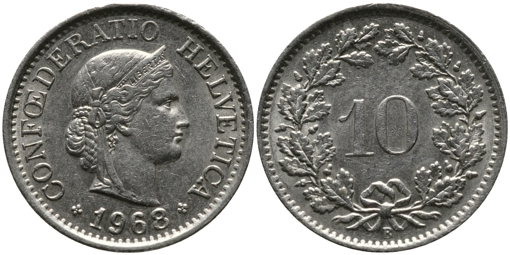 ШВЕЙЦАРИЯ 10 РАППЕНОВ 1968 В KM 27 медно-никель 33-247