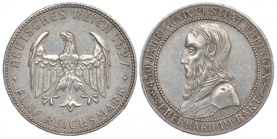 Германия 5 марок 1927 F, 450 лет Университету Тюбингена J.329, KM 55 серебро 00-815-24