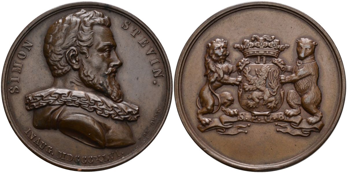 Нидерланды медаль 1846 Симон Стевин (1548-1620), медальер F. de Tondt, диаметр 48 мм. бронза 1097-1-22