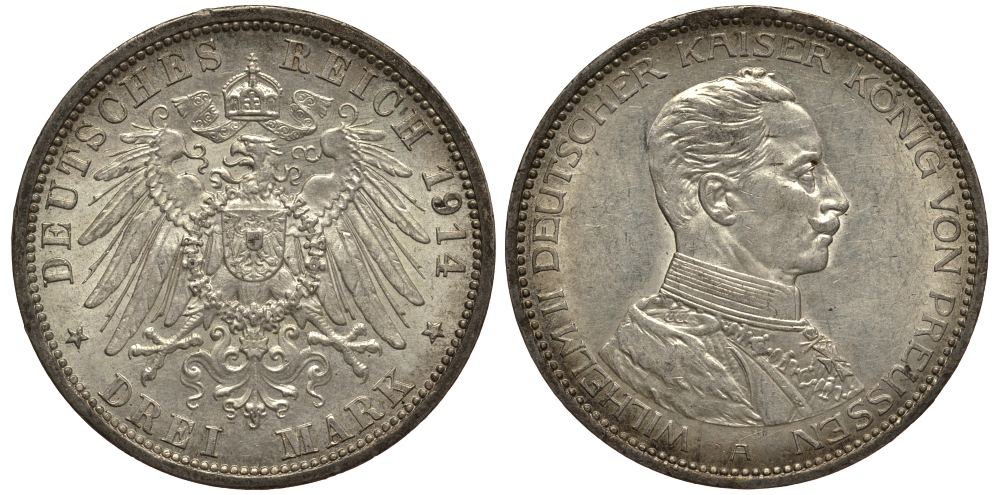 Пруссия 3 марки 1914 Вильгельм II (1888-1918) в мундире KM 538, J.113 серебро 3711-631
