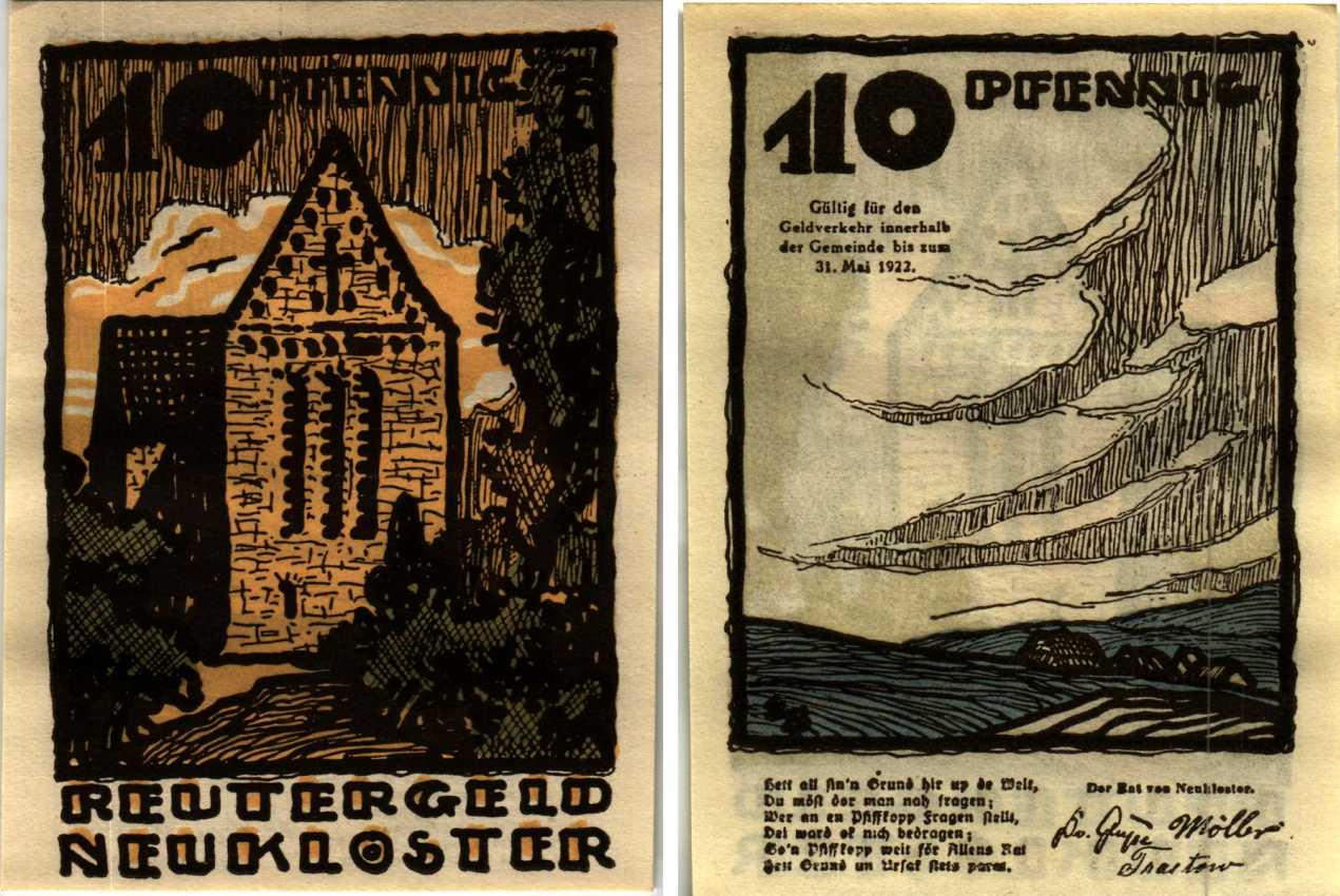 НОЙКЛОСТЕР 10 ПФЕННИГОВ 1922 НОТГЕЛЬД, 1922 - 31 МАЯ 1922, ЗЕМЛЯ МЕКЛЕНБУРГ-ПЕРЕДНЯЯ ПОМЕРАНИЯ Grabowski 951.1 бумага 7547-90-4-2