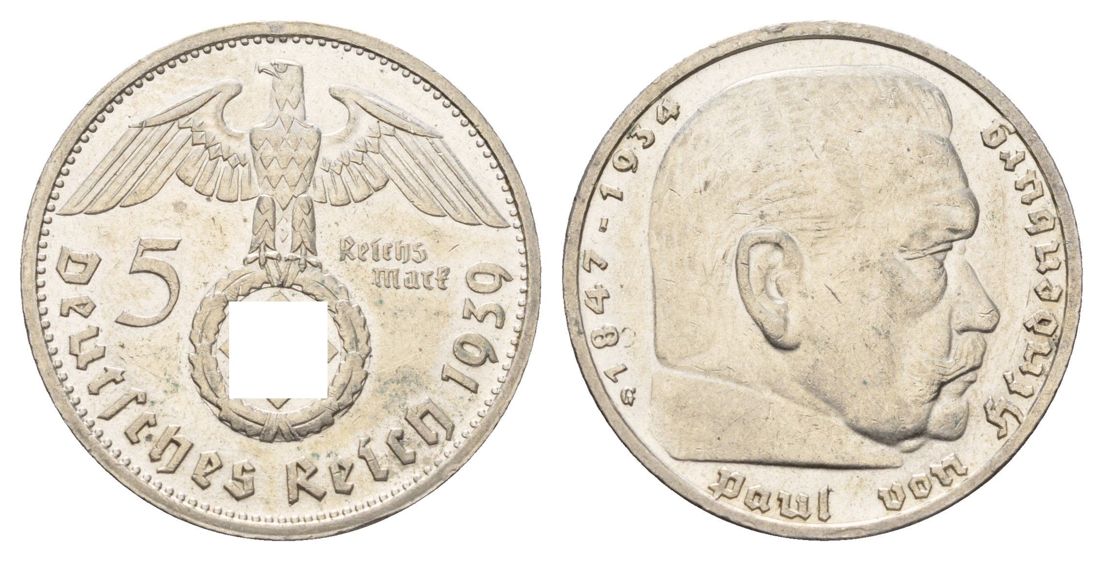 Германия 5 рейхсмарок 1939 G, Пауль фон Гинденбург (1847-1934), самый редкий монетный двор и год выпуска KM 94, J. 367 серебро 1517-1125