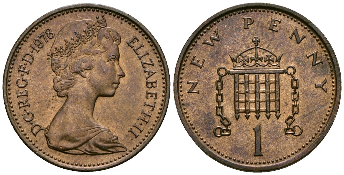 Великобритания 1 пенни 1978 Елизавета II (1952-2022) KM 915, Spink 4237 (B1) бронза 4539-1132