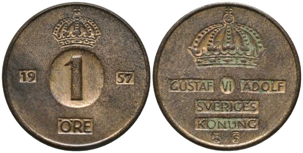 Швеция 1 эре 1957 TS, Густав VI Адольф (1950-1973) KM 820 бронза 201-1145