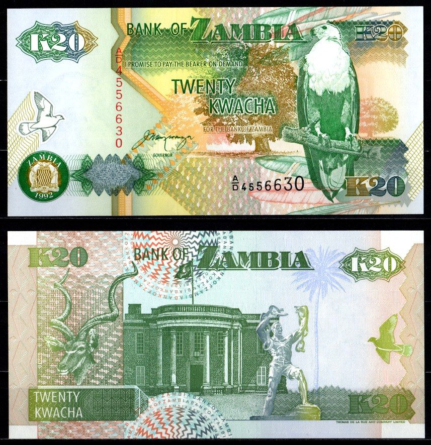 Замбия 20 квач 1992 орлан крикун, сайгак, президентский дворец, подпись Mwanza Pick 36 b бумага UNC (пресс) 7214-29-1-1