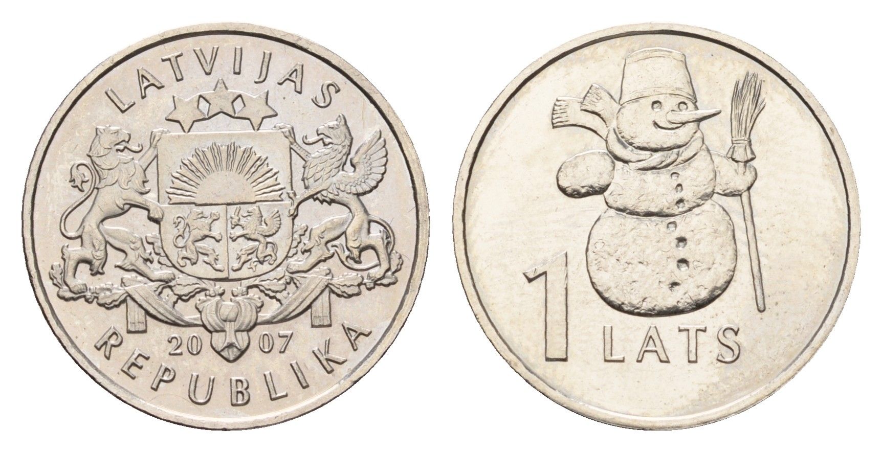 Латвия 1 лат 2007 Снеговик KM 85 медно-никель UNC 4679-335