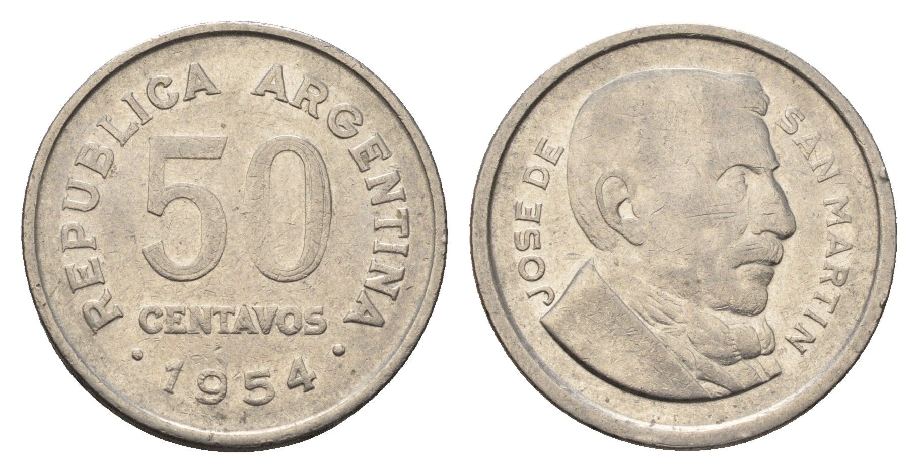 Аргентина 50 сентаво 1954 генерал Хосе де Сан Мартин KM 49 сталь плакированная никелем 4698-821