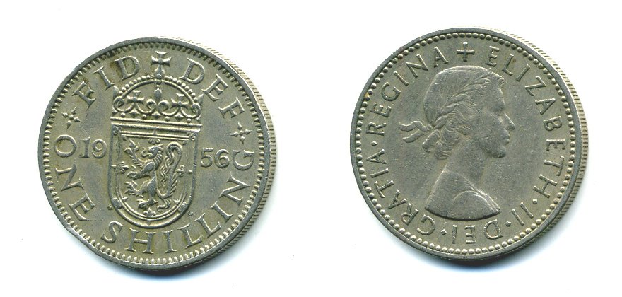 Великобритания 1 шиллинг 1956 Елизавета II (1952-2022), Шотландский герб KM 905, Spink 4148 медно-никель 540-546