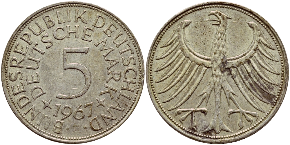 ФРГ 5 марок 1967 J, KM 112.1, J. 387 серебро 1522-322