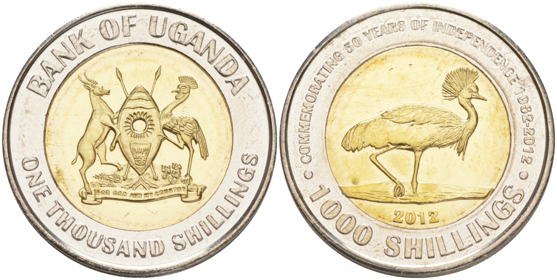 Уганда 1000 шиллингов 2012 50 лет независимости, страус KM 278 биметалл UNC M35-13