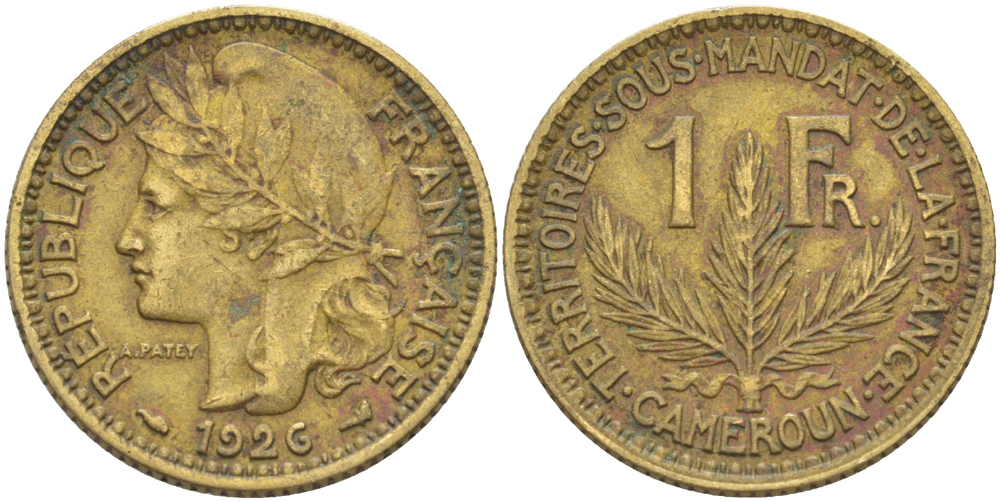 Французский Камерун 1 франк 1926 (а), монетный двор Париж KM 2 алюминиевая бронза 63-755