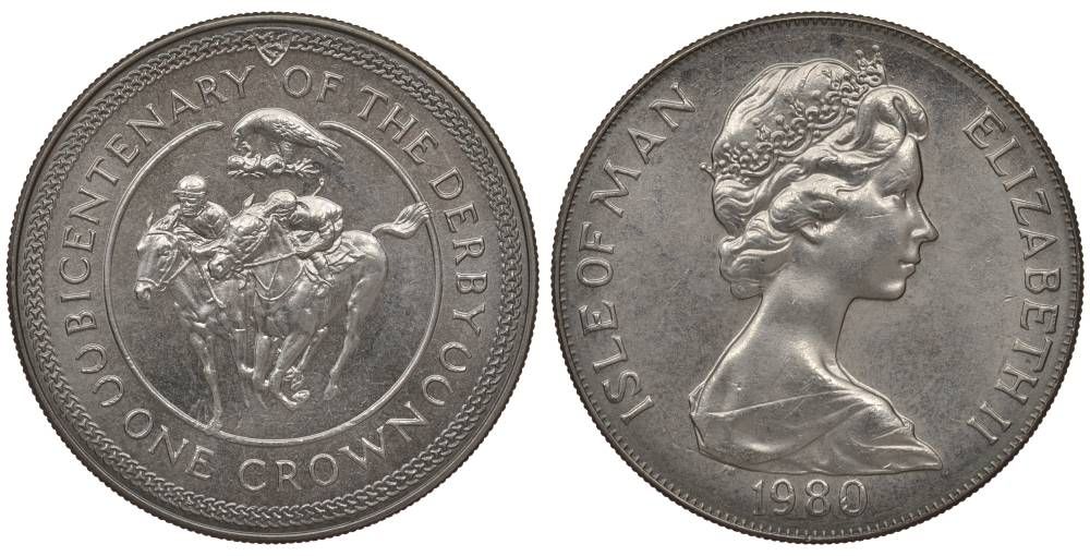Остров Мэн 1 крона 1980 200 лет дерби, ипподромные скачки KM 63 медно-никель UNC 01-164-35