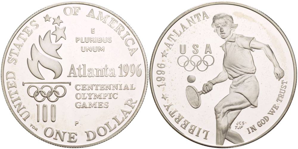 США 1 доллар 1996 Р, XXVI Олимпийские игры в Атланте, большой теннис KM 269 серебро PROOF 1081-6-14