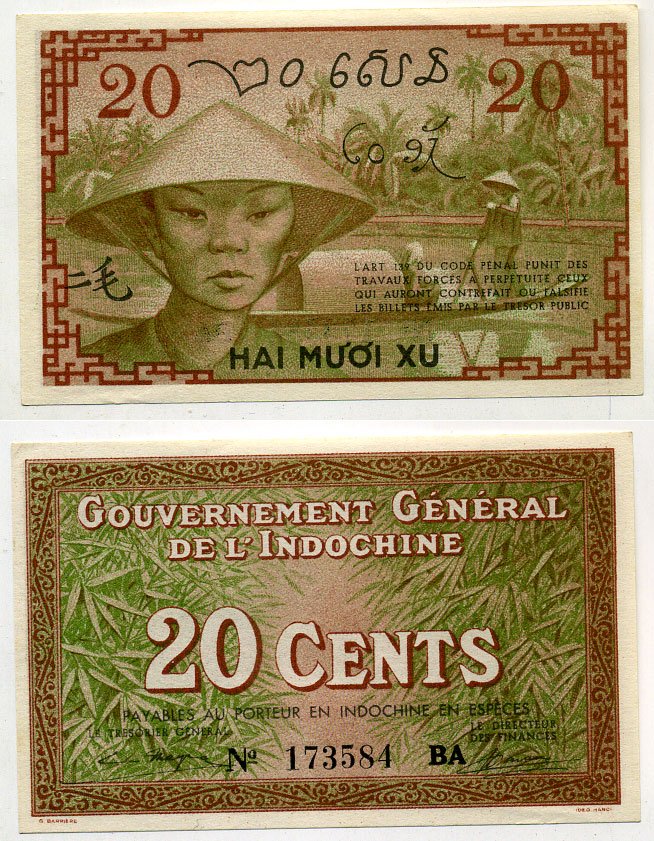 Французский Индокитай 20 центов 1939 Pick 86 c бумага UNC (пресс) 000-00-00