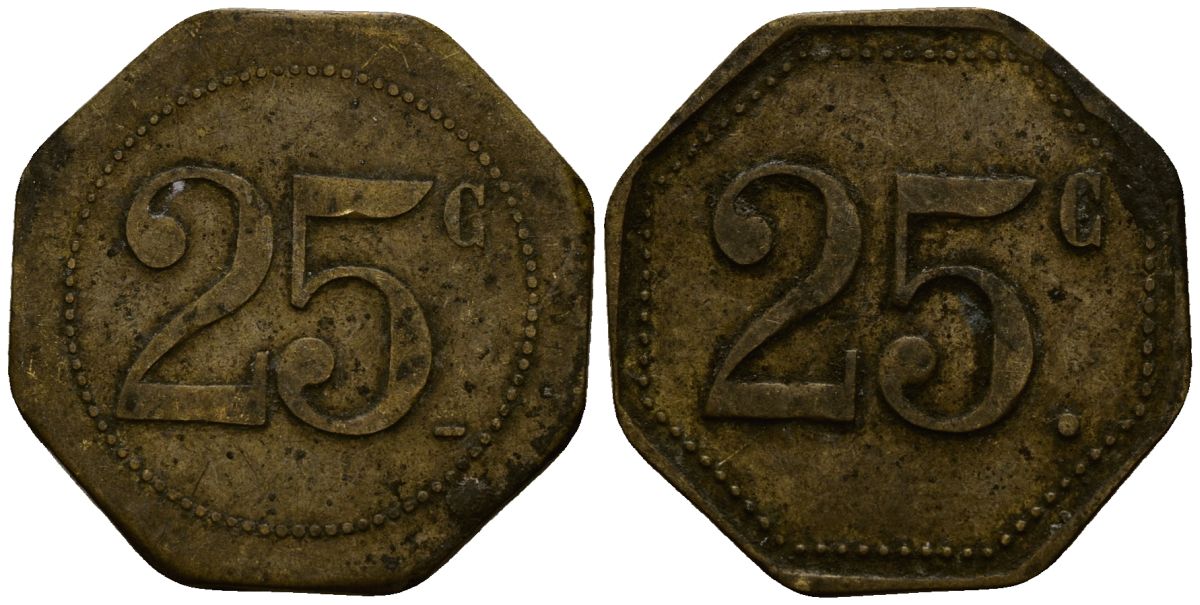 Франция 25 сантимов XIX-XX век ресторанный жетон латунь 4166-454