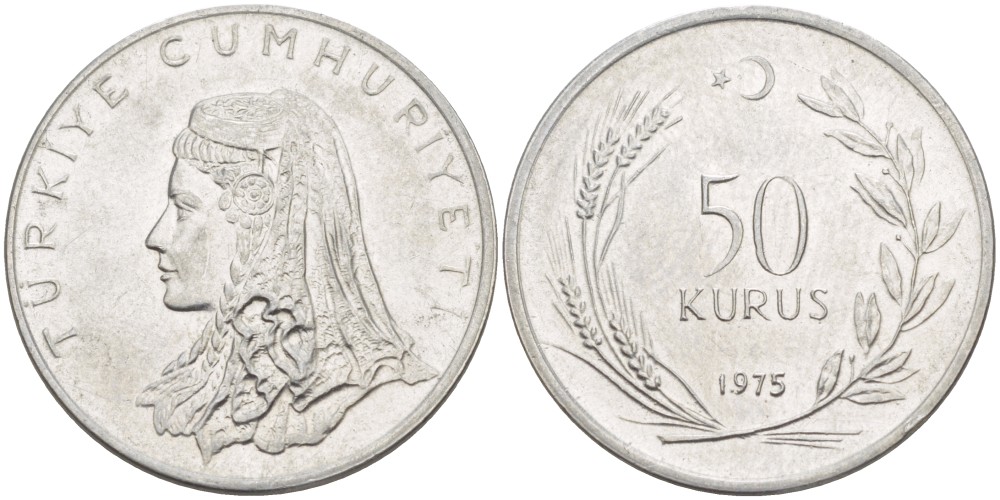 Турция 50 курушей 1975 Анатолийская невеста KM 899 нержавеющая сталь 4541-1244