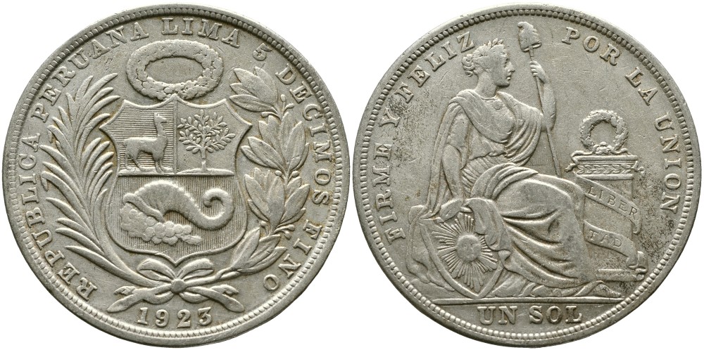 Перу 1 соль 1923 KM 218.1 серебро 1519-1341