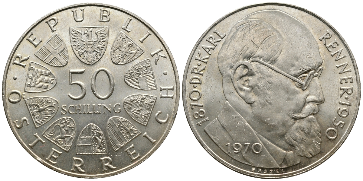Австрия 50 шиллингов 1970 100 лет со дня рождения Карла Реннера KM 2909 серебро aUNC 413-4121