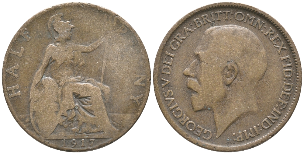 Великобритания 1/2 пенни 1917 Георг V (1910-1936) KM 809, Spink 4056 бронза 34-222