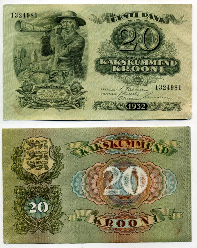 Эстония 20 крон 1932 пастух Pick 64 a бумага 7375-27-3-1