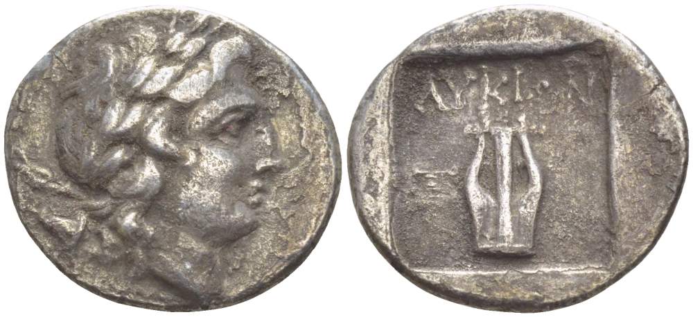 Ликийская лига, Ксантос драхма 167-81 гг. до н.э. голова Аполлона в Лавровом венке / ??????, лира в квадратном углублении, вес 2,64 г Troxell 41, 5 серебро 00-821-57