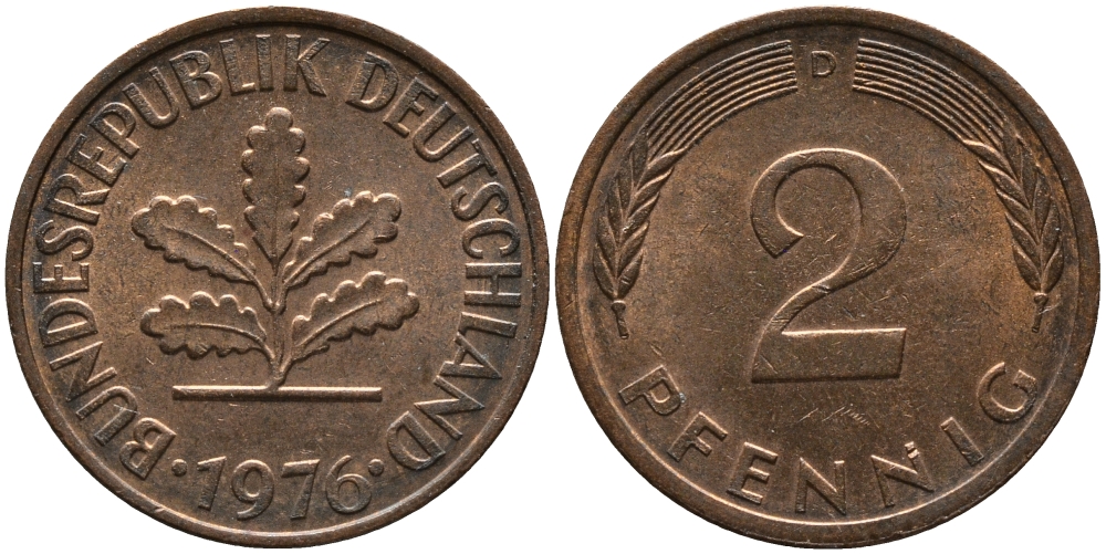 ФРГ 2 ПФЕННИГА 1976 D KM 106а, J.381а сталь плакированная сталь плакированная медьюю 33-236
