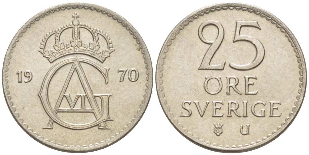 Швеция 25 эре 1970 U, Густав VI Адольф (1950-1973) KM 836 медно-никель 4516-466