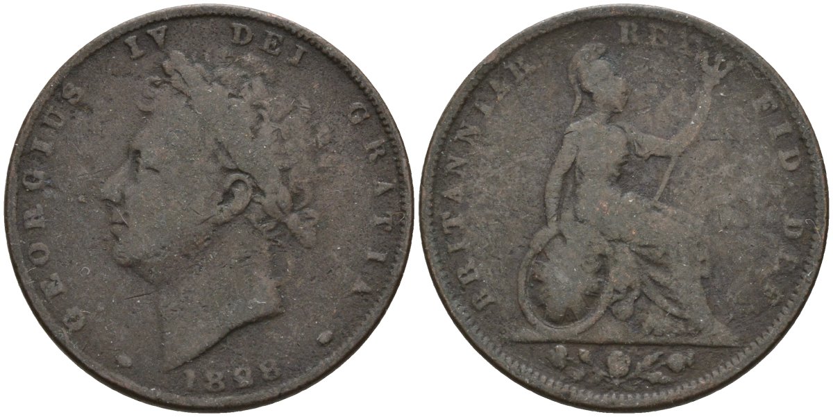 Великобритания 1 фартинг 1828 Георг IV (1820-1830) KM 697, Spink 3825 медь 4146-412