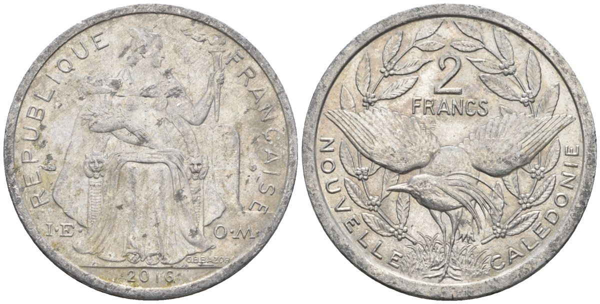 Французская Новая Каледония 2 франка 2016 птица кагу, (IEOM) KM 14, Schoen 11 алюминий    29-1013